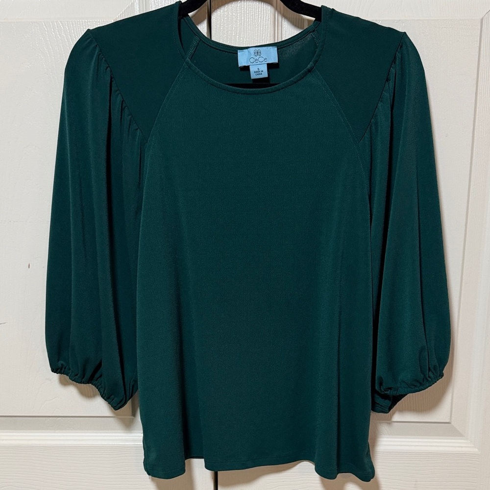 CeCe Forest Teal Green Long-Sleeve Puff Shoulder Blouse. Size Small